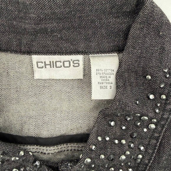 Chicos Womens Denim Jacket Black Embellished Rhinestone Studded Western Size 3 - Picture 4 of 8